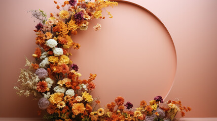 Obraz na płótnie Canvas orange yellow autumn october round frame with flowers presentation studio background stagepodium abstract invitation