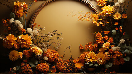 orange yellow autumn october round frame with flowers presentation studio background stagepodium abstract invitation