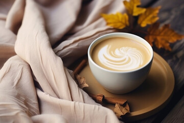 Autumn postcard. A cup of coffee, a beige scarf, autumn leaves.