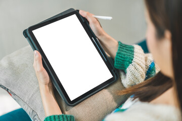 Human working on modern tablet with blank white mobile screen for advertising, mockup, technology, advertising, search information, creative design, social media, online marketing, chat, phone