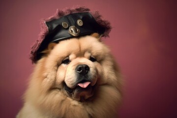 Photography in the style of pensive portraiture of a smiling chow chow dog wearing a pirate hat against a dusty rose background. With generative AI technology - obrazy, fototapety, plakaty