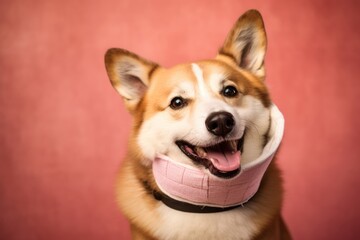 Close-up portrait photography of a happy norwegian lundehund wearing a bandage against a dusty rose background. With generative AI technology