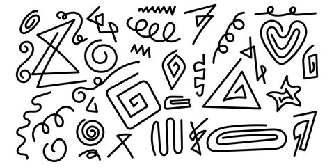 Doodle Swash Black Thin Line Set Include of Heart, Stroke, Circle and Arrow Sign. Vector illustration.