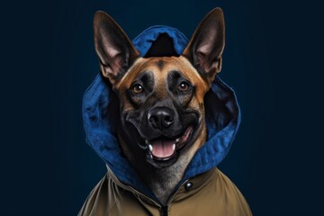 Obraz premium Medium shot portrait photography of a smiling belgian malinois dog wearing a parka against a navy blue background. With generative AI technology