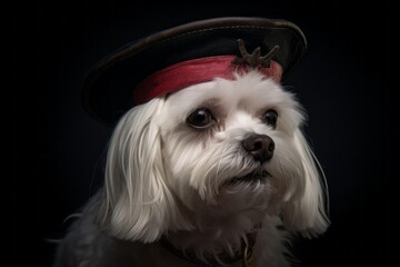 Medium shot portrait photography of a tired maltese wearing a pirate hat against a matte black background. With generative AI technology