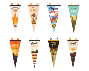 Set of adventure pennants. Camping Pennant flags design. Vintage outdoor designs with summer camp symbols mountains, lantern, fishing. Stock vector collection
