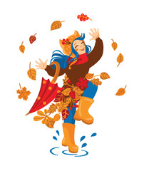 Naklejka premium Funny girl jumping through puddles in an autumn park. Vector.