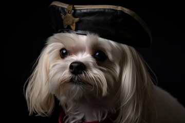 Naklejka premium Medium shot portrait photography of a tired maltese wearing a pirate hat against a matte black background. With generative AI technology