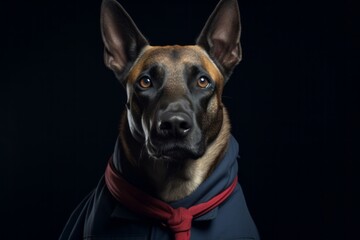 Environmental portrait photography of a funny belgian malinois dog wearing a sailor suit against a matte black background. With generative AI technology