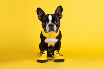 Medium shot portrait photography of a cute boston terrier wearing a paw protector against a bright yellow background. With generative AI technology