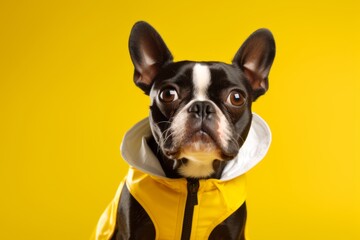 Medium shot portrait photography of a cute boston terrier wearing a paw protector against a bright yellow background. With generative AI technology