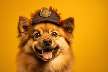 Photography in the style of pensive portraiture of a happy finnish spitz wearing a pirate hat...