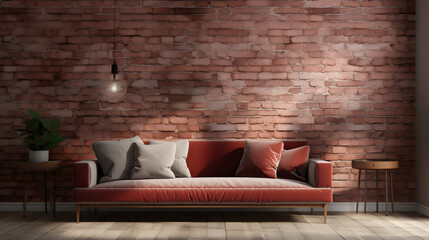 Soft, crushed red velvet low sofa in brick wall room with sparse furniture, decor and lighting