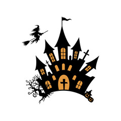 Halloween Haunted House castle Vector Illustration, Witch creepy house silhouette isolated on a white background
