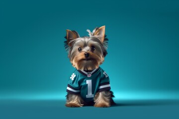 Medium shot portrait photography of a cute yorkshire terrier wearing a sports jersey against a teal blue background. With generative AI technology