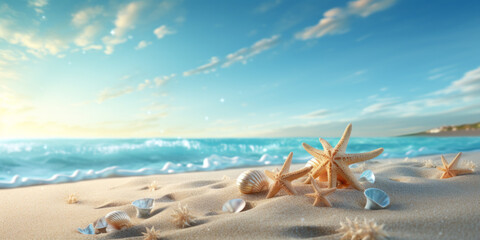 Fototapeta na wymiar A beach scene. Beach sand. Summer vibes. On vacation, summer break. Relaxing at the beach. Starfish. Marine life. Idyllic location. Waves, surfing. Blue skies. 