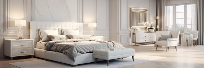 White Marble Dreams a Bedroom Wallpaper - The grandeur of nature's finest stone - Luxury Interior Design - Beautiful Luxury Marble Bedroom Backdrop created with Generative AI Technology - obrazy, fototapety, plakaty