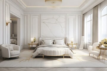 White Marble Dreams a Bedroom Wallpaper - The grandeur of nature's finest stone - Luxury Interior Design - Beautiful Luxury Marble Bedroom Backdrop created with Generative AI Technology