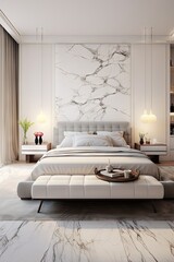 White Marble Dreams a Bedroom Wallpaper - The grandeur of nature's finest stone - Luxury Interior Design - Beautiful Luxury Marble Bedroom Backdrop created with Generative AI Technology