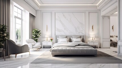 White Marble Dreams a Bedroom Wallpaper - The grandeur of nature's finest stone - Luxury Interior Design - Beautiful Luxury Marble Bedroom Backdrop created with Generative AI Technology - obrazy, fototapety, plakaty