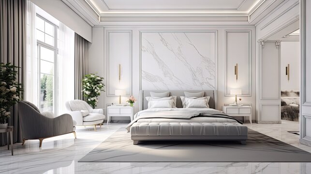 Fototapeta White Marble Dreams a Bedroom Wallpaper - The grandeur of nature's finest stone - Luxury Interior Design - Beautiful Luxury Marble Bedroom Backdrop created with Generative AI Technology