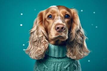 Lifestyle portrait photography of a smiling cocker spaniel wearing a festive sweater against a teal blue background. With generative AI technology