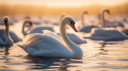 A flock of swans floats on the surface of the lake. Environment protection concept.  © Roxy jr.