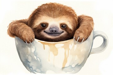 Watercolor illustration of a sloth nestled in a coffee cup. Generative AI