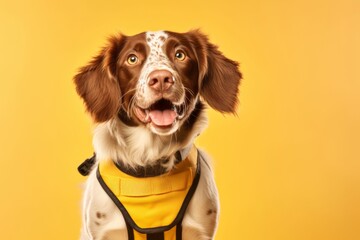 Medium shot portrait photography of a happy brittany dog wearing a cooling vest against a pastel yellow background. With generative AI technology