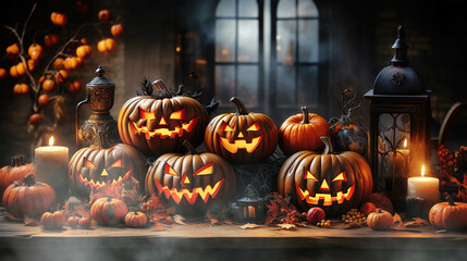 table full of halloween pumpkins in a spooky atmosphere. Generative AI