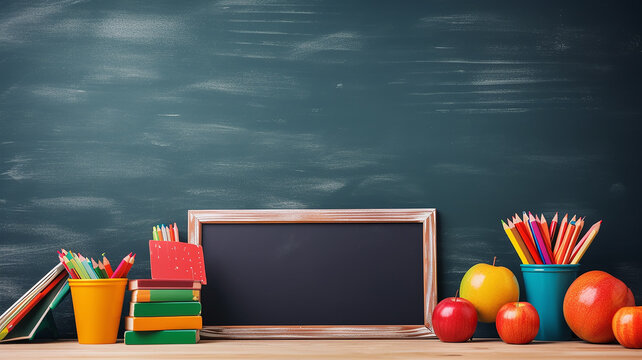 background blue chalkboard and school supplies back to school in the classroom.