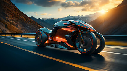 Futuristic sport motorcycle with the nature laandscape view