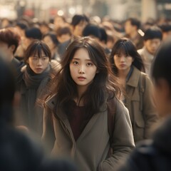 Obraz premium An Asian woman navigating the vibrant urban landscape as throngs of people move past her, embodying the lively spirit of the city. 