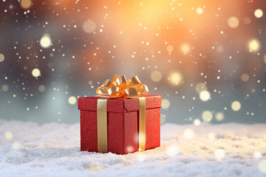 A red christmas present, in the snow. Wrapped present. Wintertime. White Christmas. Ribbon, bow. Spirit of Christmas. Yuletide. Family.