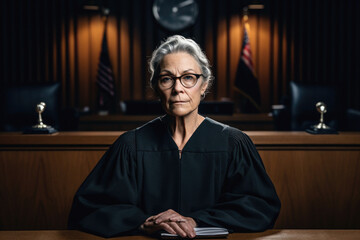 Powerful mature woman judge portrait in courtroom