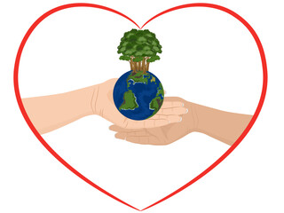 Hand holding a globe with trees.