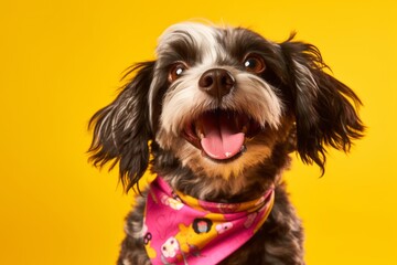 Photography in the style of pensive portraiture of a happy lowchen dog wearing a bandana against a pastel yellow background. With generative AI technology