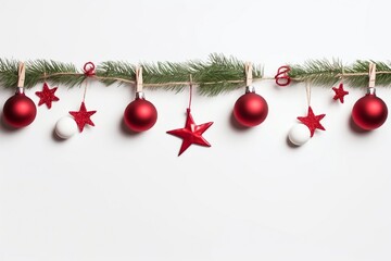 Christmas composition. Garland made of red balls and fir tree branches on white background. Christmas, winter, new year concept. Flat lay, top view, copy space. generative ai.