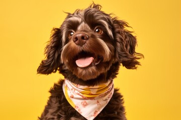 Photography in the style of pensive portraiture of a happy lowchen dog wearing a bandana against a pastel yellow background. With generative AI technology - Powered by Adobe