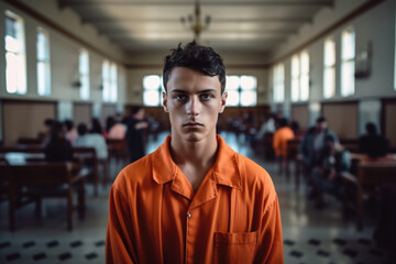 Man wearing prisoner orange jumpsuit portrait