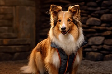 Conceptual portrait photography of a happy shetland sheepdog wearing a sherpa coat against a rustic brown background. With generative AI technology