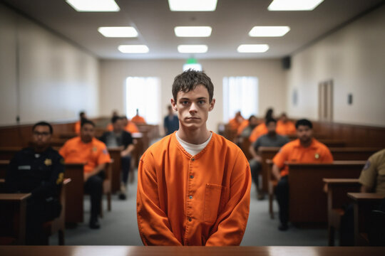 Man wearing prisoner orange jumpsuit portrait