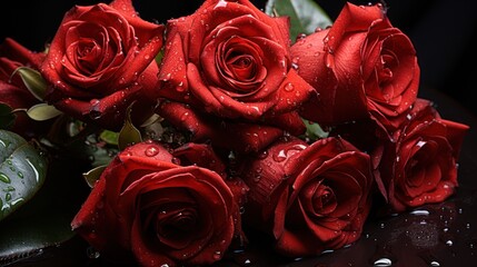 Bouquet of red roses with water drops close-up. Mother's day concept with a space for a text. Valentine day concept with a copy space.