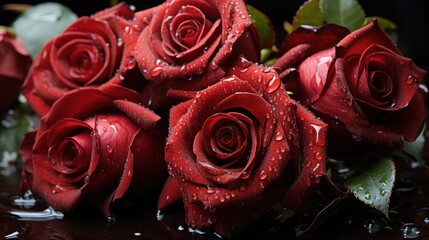 Red roses with water drops on black background. Valentines day concept. Mother's day concept with a space for a text. Valentine day concept with a copy space.