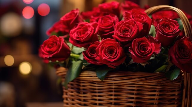 Bouquet of red roses in a wicker basket on the background of the lights. Mother's day concept with a space for a text. Valentine day concept with a copy space.