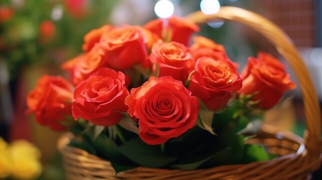 bouquet of red roses in a basket on a wooden table. Mother's day concept with a space for a text. Valentine day concept with a copy space.