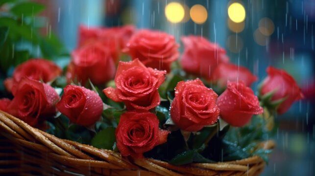 Beautiful red roses in basket on blurred background, closeup view. Mother's day concept with a space for a text. Valentine day concept with a copy space.