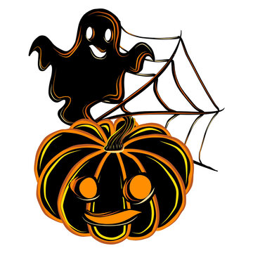 Halloween ghost with cobweb and pumpkin black.