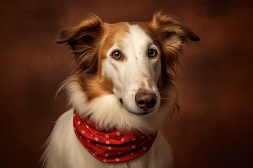 Medium shot portrait photography of a funny borzoi wearing a polka dot bandana against a rustic brown background. With generative AI technology