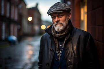 Portrait of a senior man with gray beard in a hat and jacket on a city street.